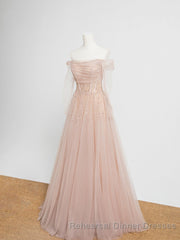Champagne Pink Tulle Beads Long Semi Formal Prom Dress, Champagne Evening Dress