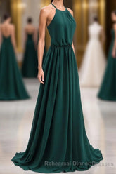 Hunter Green Halter Chiffon A-line Long Bridesmaid Dress