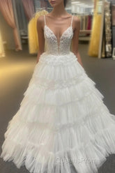 White Floral Plunging V Layers Long Evening Prom Dress