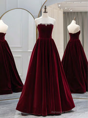 A-Line Long Sleeves Velvet Burgundy Long Prom Dress, Burgundy Long Evening Dress with Beads