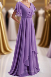 Flutter Sleeves Lavender Chiffon A-line Long Bridesmaid Dress