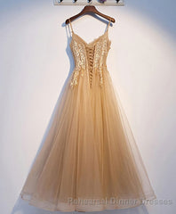 Champagne Tulle Lace Long Semi Formal Prom Dress, Champagne Evening Dress, 9