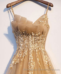 Champagne Tulle Lace Long Semi Formal Prom Dress, Champagne Evening Dress, 9