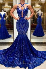 Sequins Royal Blue Sleeveless Mermaid Semi Formal Prom Dresses