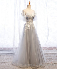 Gray Tulle Lace Long Semi Formal Prom Dress, Gray Tulle Lace Evening Dress, 5