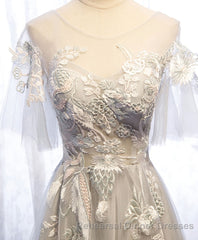 Gray Tulle Lace Long Semi Formal Prom Dress, Gray Tulle Lace Evening Dress, 5