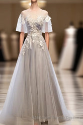 Gray Tulle Lace Long Semi Formal Prom Dress, Gray Tulle Lace Evening Dress, 5