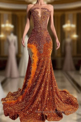 Mermaid Style Burnt Orange Sequins Semi Formal Prom Dresses with Side Slit Long Length Beadings and Feathers