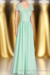 Sage Green Lace and Chiffon Cap Sleeve A-Line Long Bridesmaid Dress