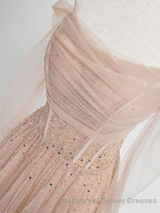 Champagne Pink Tulle Beads Long Semi Formal Prom Dress, Champagne Evening Dress