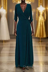 Wrap V Neck Sleeves Chiffon Long Bridesmaid Dress with Sash