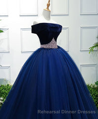 Dark Blue Tulle Off Shoulder Long Semi Formal Prom Dress, Blue Sweet 16 Dress