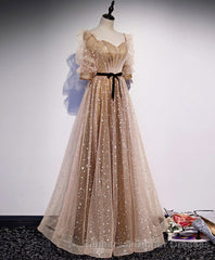 Champagne Sweetheart Tulle Long Semi Formal Prom Dress, Tulle Semi Formal Prom Dress