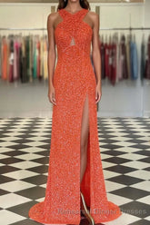 Fitted Criss Coss Neck Orange Semi Formal Prom Dress with Slit