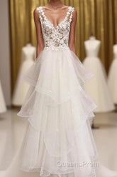 Charming Tulle Appliques V Neck Lace Wedding Dress with Ruffles