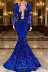 Hot Sparkle Royal Blue Sequin Long sleeves Mermaid Semi Formal Prom Dresses