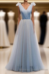 Simple Blue V Neck Tulle Long Semi Formal Prom Dress, Blue Semi Formal Prom Dress