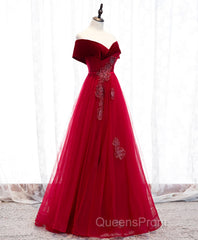 Burgundy Tulle Off Shoulder Long Evening Prom Dress, Burgundy Formal Dress
