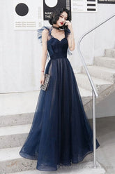 Dark Blue Sweetheart Tulle Long Prom Dress Blue Tulle Formal Dress