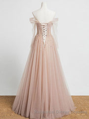 Champagne Pink Tulle Beads Long Semi Formal Prom Dress, Champagne Evening Dress