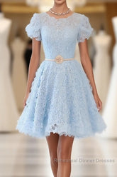 Cute Blue Lace Short Semi Formal Dresses, Blue Homecoming Dresses