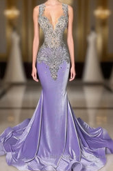 Lilac Mermaid Semi Formal Prom Dresses with Scoop Neckline Sleeveless and Crystal Beadings