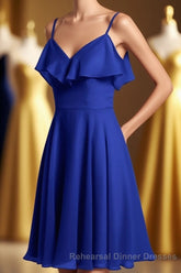 Royal Blue Spaghetti Straps Ruffled A-Line Short Bridesmaid Dress