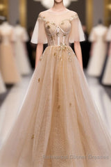 Champagne Round Neck Tulle Lace Long Semi Formal Prom Dress, Semi Formal Prom Dress