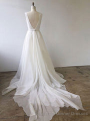 Simple White V Neck Tulle Long Semi Formal Prom Dress, White Evening Dress