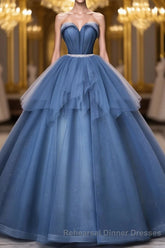 Blue Sweetheart Neck Tulle Long Semi Formal Prom Dress, Blue Evening Dress