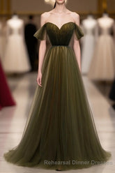 Simple Sweetheart Tulle Off Shoulder Long Semi Formal Prom Dress, Tulle Semi Formal Prom Dress