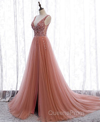 Pink V Neck Tulle Sequin Long Evening Prom Dress, Pink Formal Dress