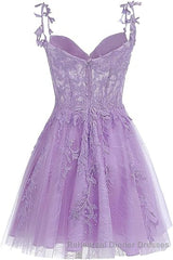 Lavender Tulle Lace Applique Homecoming Dress, Floral Tulle Short Semi Formal Prom Dress