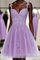 Lavender Tulle Lace Applique Homecoming Dress, Floral Tulle Short Semi Formal Prom Dress