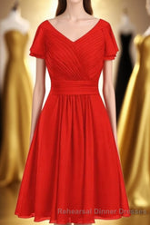 Red Chiffon V-Neck Ruffled A-Line Short Bridesmaid Dress