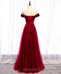 Burgundy Round Neck Tulle Sequin Long Semi Formal Prom Dress, Tulle Semi Formal Prom Dress