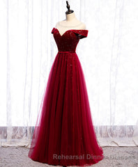 Burgundy Round Neck Tulle Sequin Long Semi Formal Prom Dress, Tulle Semi Formal Prom Dress
