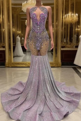Purple Mermaid Semi Formal Prom Dresses Sleeveless with Long Beadings
