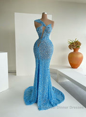 Ocean Blue Sequins One-Shoulder Mermaid Long Semi Formal Prom Dresses With Split