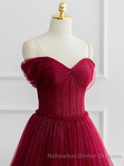 A-line Sweetheart Neck Tulle Burgundy Long Semi Formal Prom Dress, Off Shoulder Burgundy Semi Formal Prom Dress