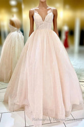 Elegant Straps Lace-Up Back Blush Long Semi Formal Prom Dress