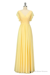 Elegant V Neck Pleated Yellow Bridesmaid Dress with Ruffles