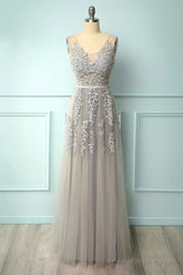 A-line Low V-Back Grey Bridesmaid Dress with Lace