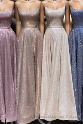 A-Line Sparkle Split Backless Evening Dresses  Long Semi Formal Prom Dresses With Pocket