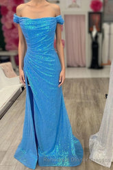 Blue Sequin Off-the-Shoulder Mermaid Long Semi Formal Prom Dress with Slit