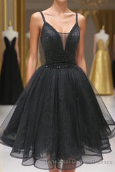 Black Tulle Beads Short Semi Formal Prom Dress, Black Homecoming Dress