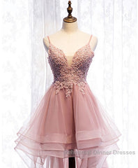 Pink Tulle Lace High Low Semi Formal Dresses, Pink Homecoming Dresses, 1