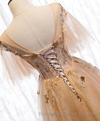 Champagne Round Neck Tulle Lace Long Semi Formal Prom Dress, Semi Formal Prom Dress