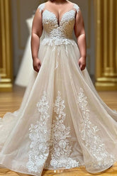 Champagne Sleeveless Round Neck Tulle Lace Long Semi Formal Prom Dresses