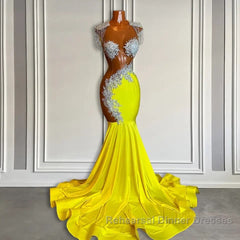 Yellow Scoop Semi Formal Prom Dresses with Beadings and Tassels - Mermaid Long